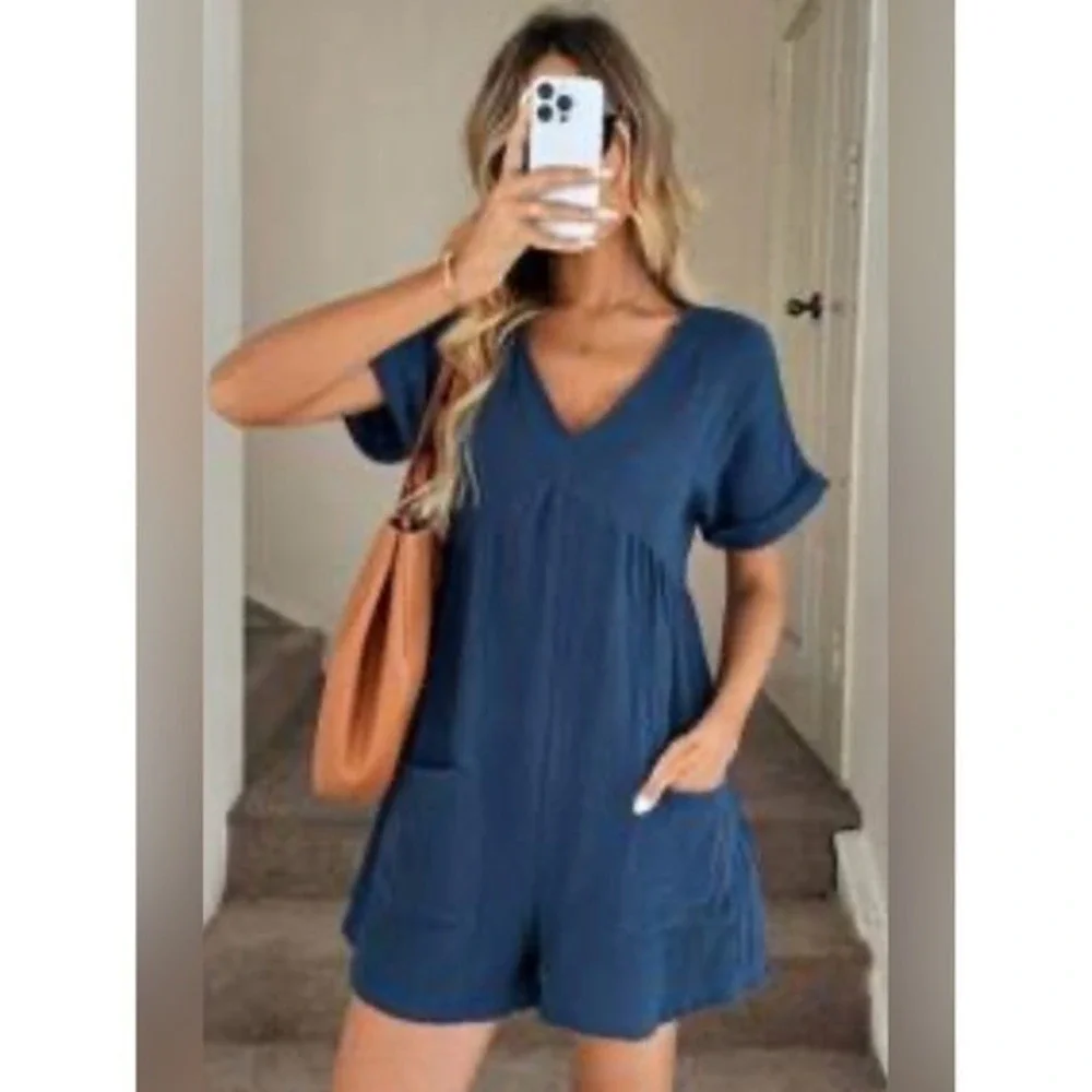 Cupshe Cotton Gauze V-Neck Babydoll Romper Blue XL‎